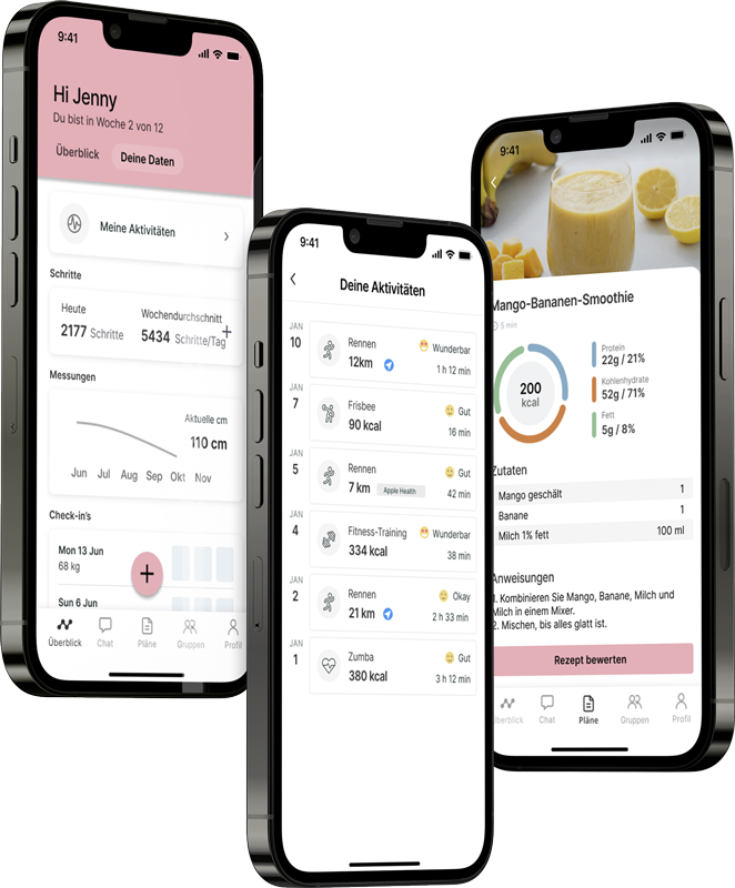 Ein Mockup der Coaching-App, das die Funktionen zeigt.